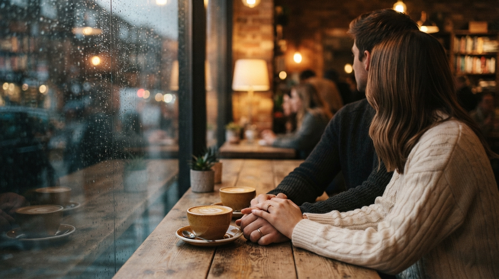 Couple holding hands over coffee beside a rainy window.