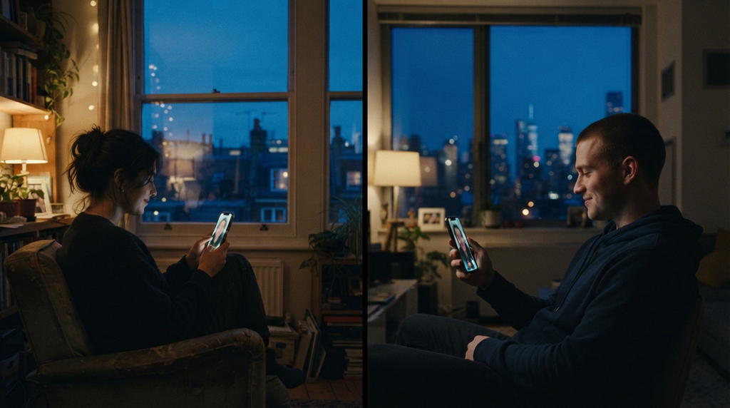 Couple connecting through phones during a long-distance relationship.