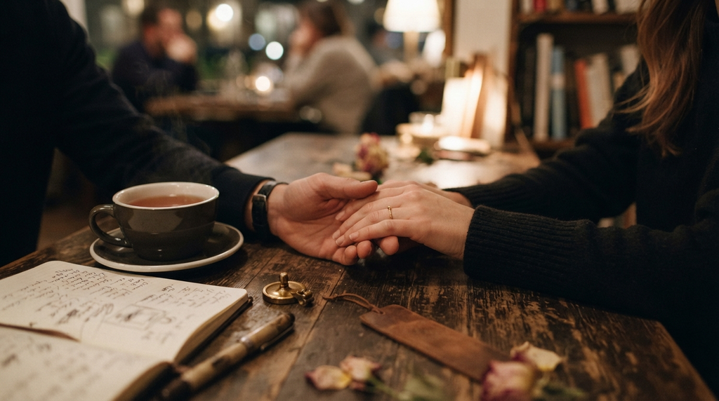 Two people gently touching hands across a table.
