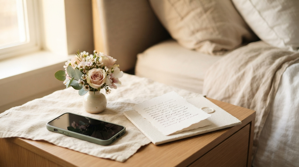 Smartphone and love note beside flowers in warm morning light.