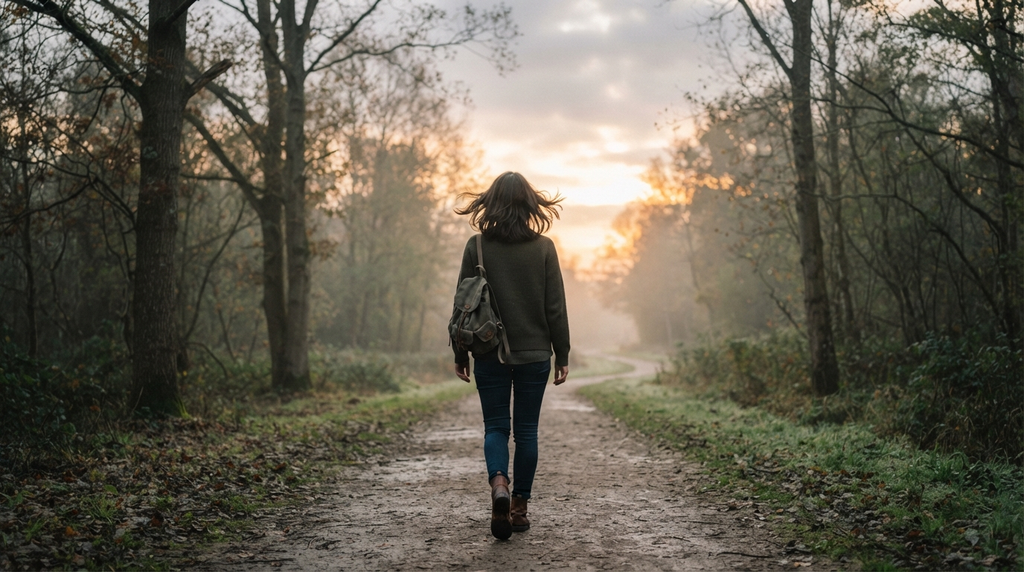 Woman walking toward morning light on a quiet path.
