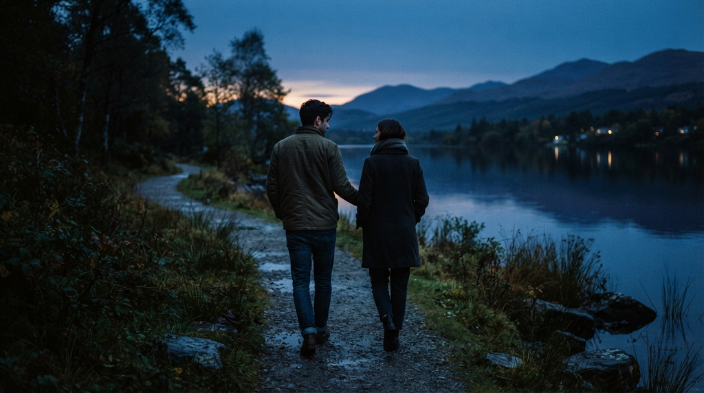 Couple walking together beside a quiet lake at dusk