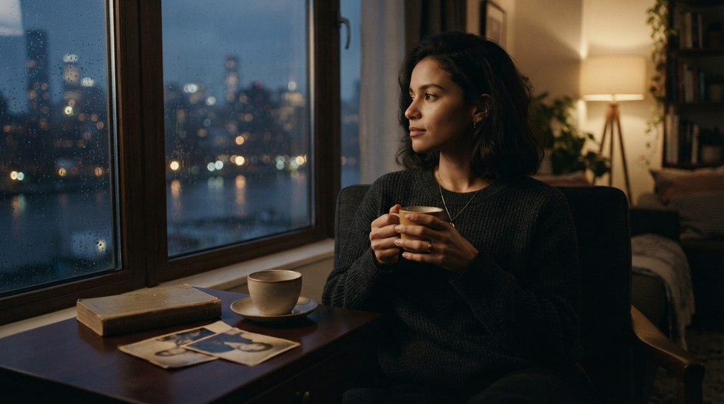 Person reflecting quietly by a rainy window after a breakup.