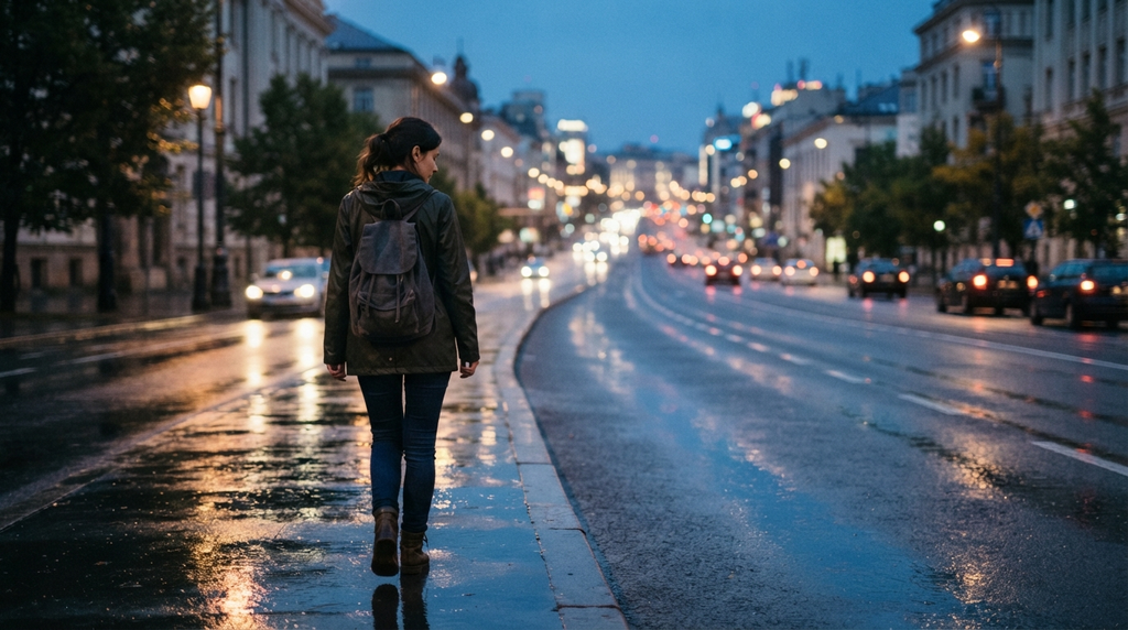 Person walking along a wet city road toward brighter light.