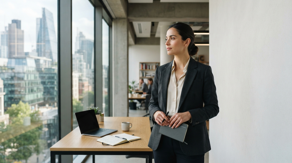 Confident professional standing in a bright modern workspace.