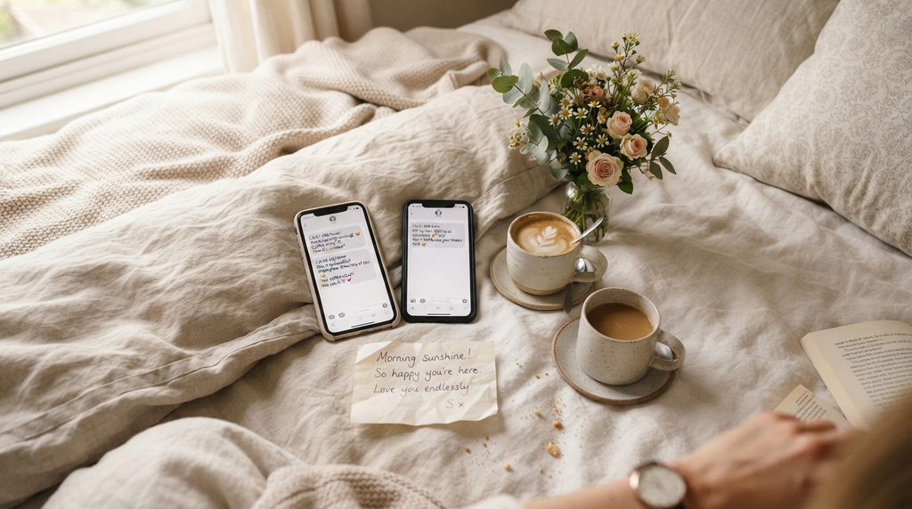 Romantic text messages beside coffee and a handwritten note.