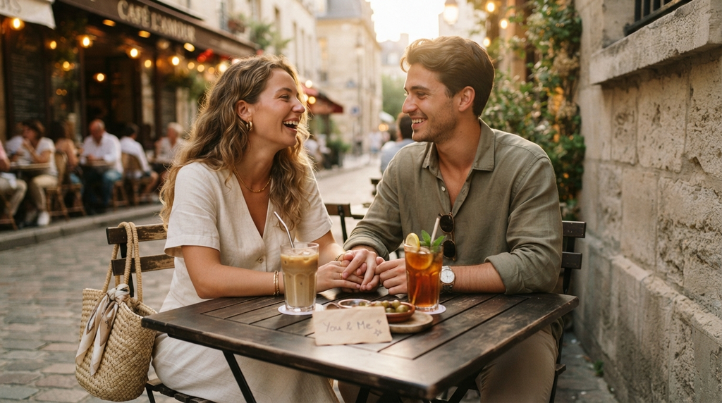 Couple holding hands across a café table during golden hour.