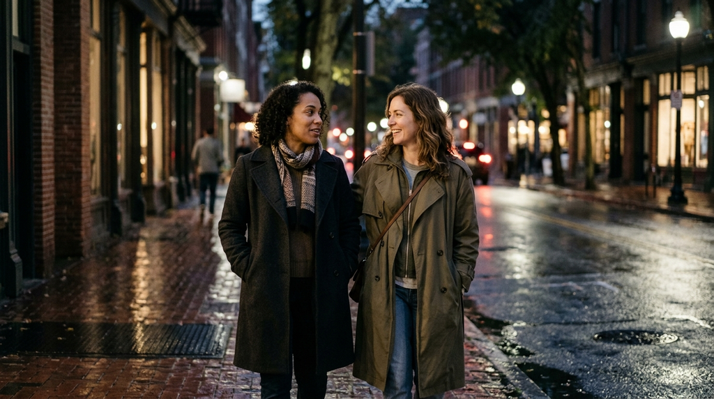 Close friends walking together through a softly lit city street after rain.