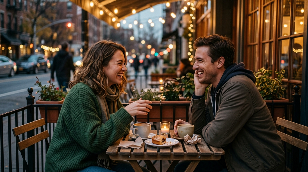 A young couple laughing together during a relaxed café conversation.
