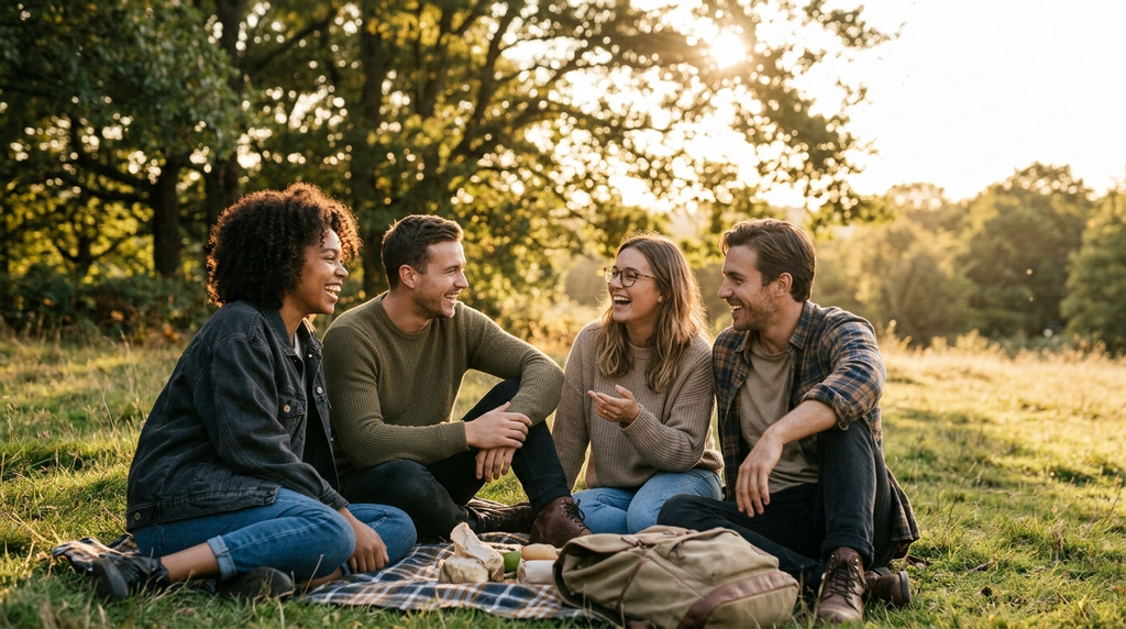 Friends laughing together outdoors during a warm golden-hour evening.